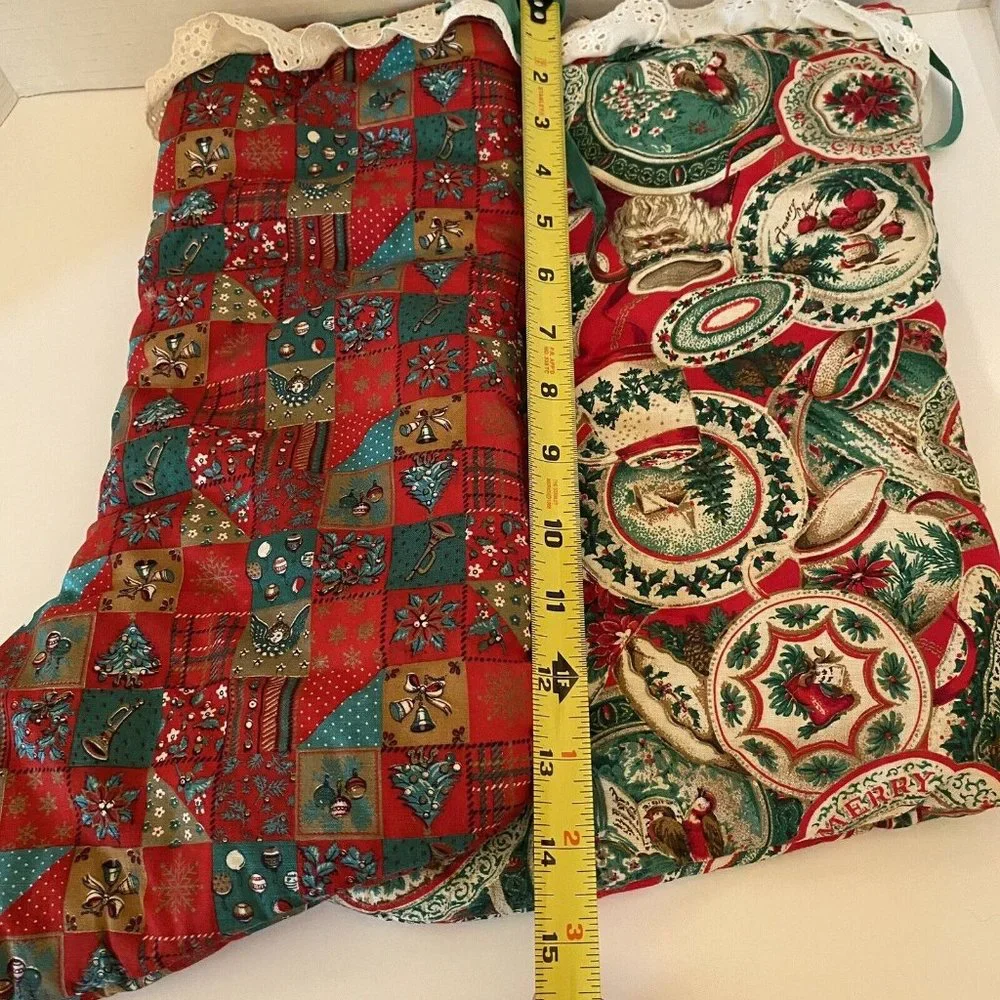 Handmade fabric Christmas stockings  novelty prints applique Mom Dad hearts lace